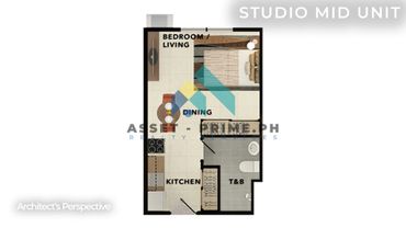 Floor plan of a studio mid unit with bedroom, dining, kitchen, and T&B areas.