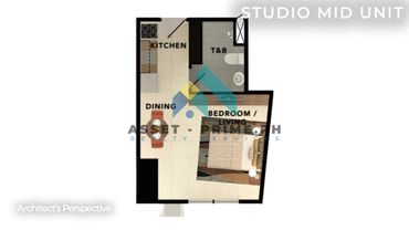 Floor plan of a studio mid unit with kitchen, dining, bathroom, and combined bedroom/living area.