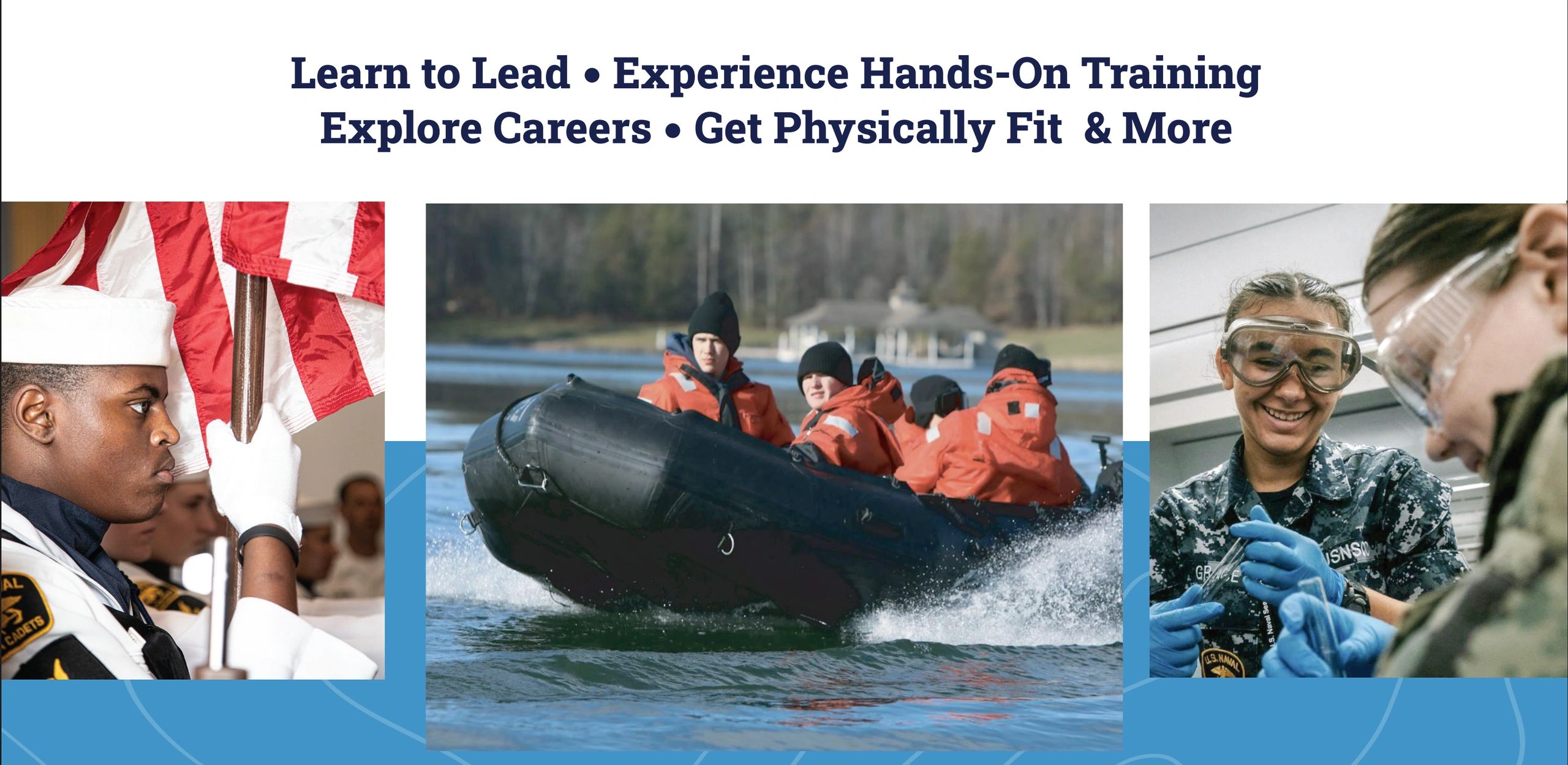 Young cadets learning leadership, boating, and science skills.