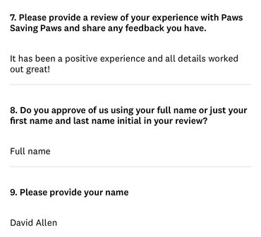 Review highlighting excellent customer service at Paws Saving Paws San Antonio