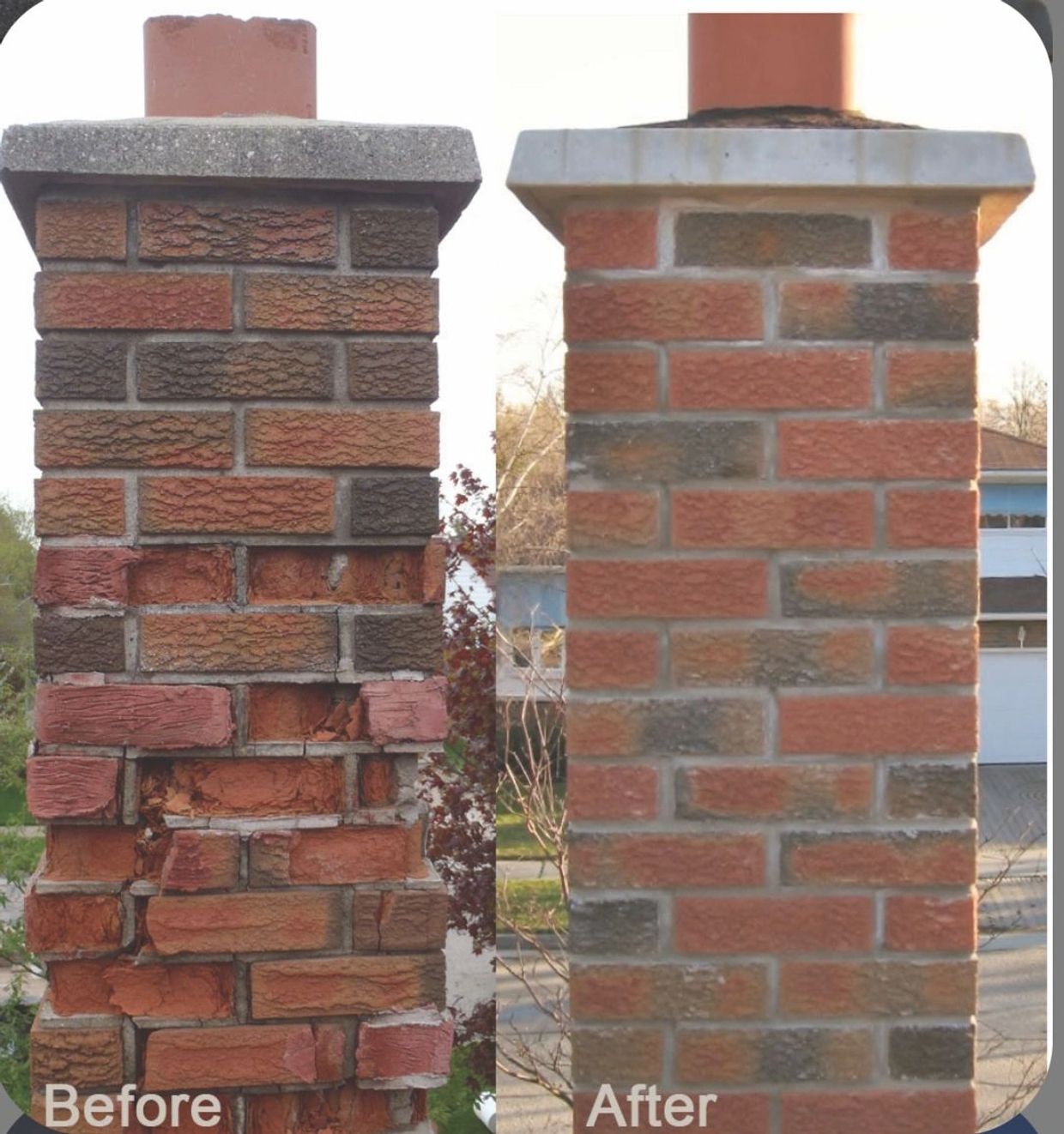 Image shows before and after from a chimney we repaired in Toronto