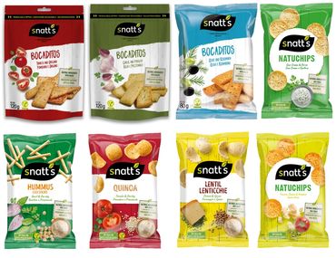 Snatt's quinoa, lentil, chick pea, potato and bread snacks. Gluten Free, healthy snacks from Spain.