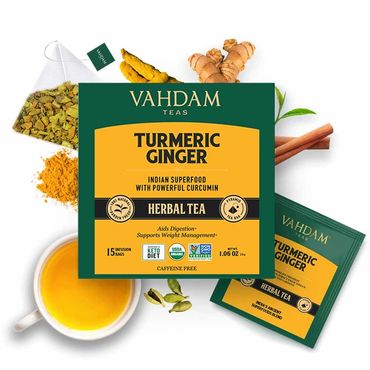 Vahdam Turmeric Tea. Vahdam teas, made in India, Herbal, turmeric teas in tea bag and loose leaf tea