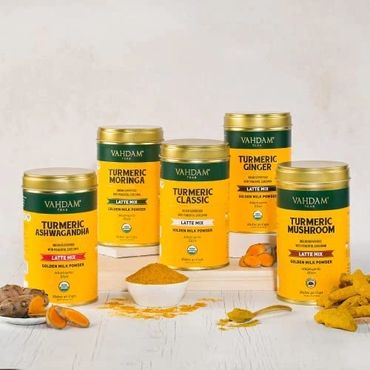 Vahdam Turmeric Latte powder. Turmeric ginger, moringa, ashwagandha. Hot and cold latte. Golden milk