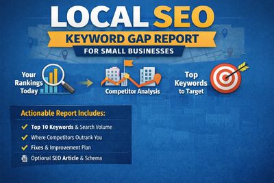 Promotional graphic for a Local SEO Keyword Gap Report for small businesses highlighting rankings, c