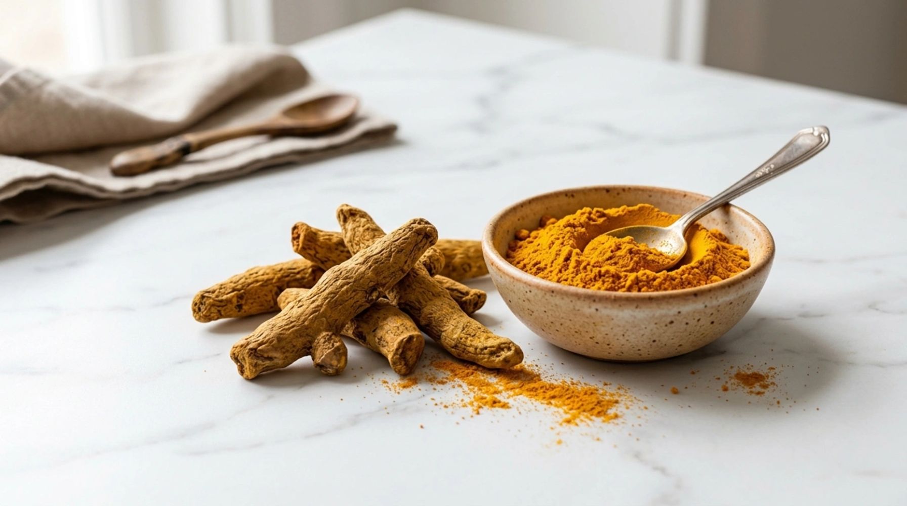 Turmeric roots and ground turmeric powder in a bowl with a spoon.