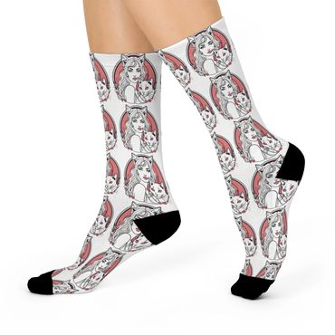 Cushioned Crew Socks : Pink Cat Lady