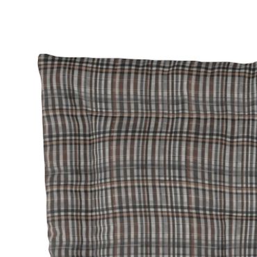 Red brown gray plaid comforter.