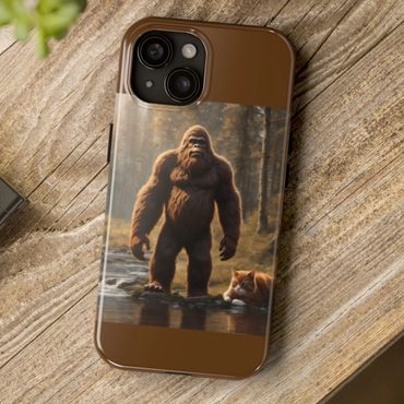 Sasquatch and cat companion in a creek phone case