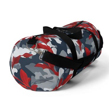 Duffel Bag: Red leaf on gray camouflage