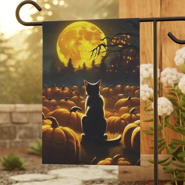 Cat guarding the pumpkin patch under a full moon garden flag