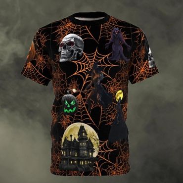 orange web on black with creepy creatures