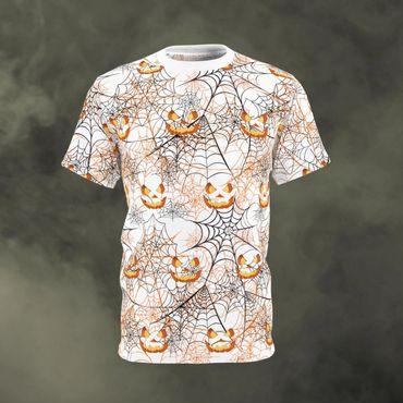 webs orange and black on white with jack o' lantern face t-shirt