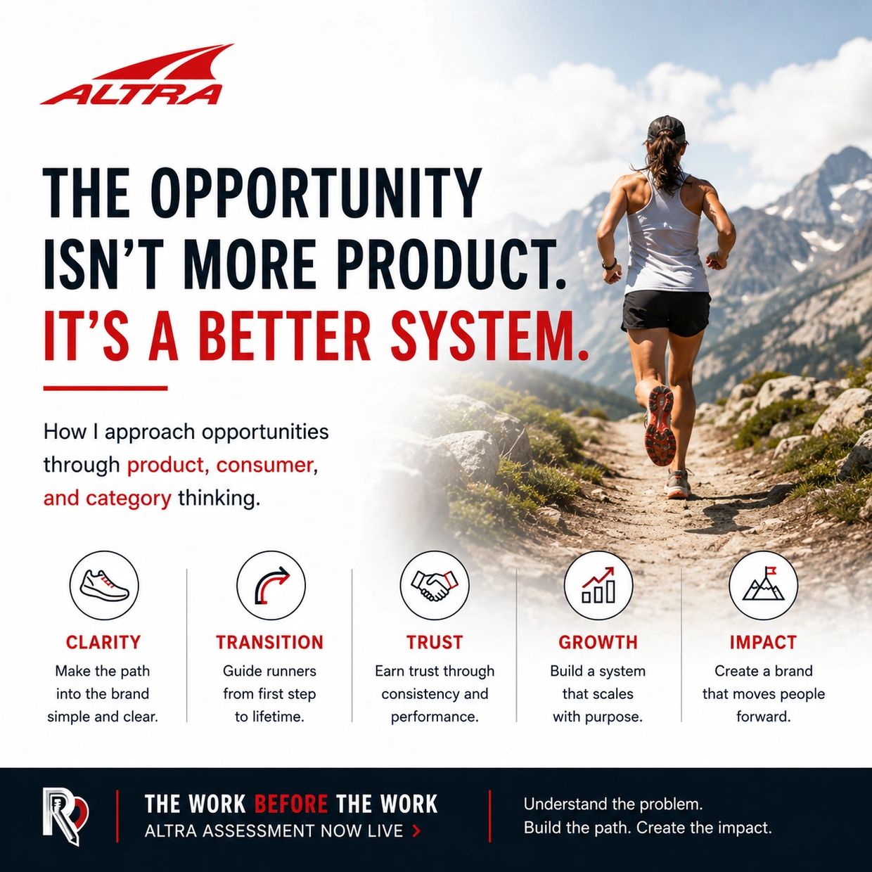 Runner on mountain trail with Altra's message about better systems and brand clarity.