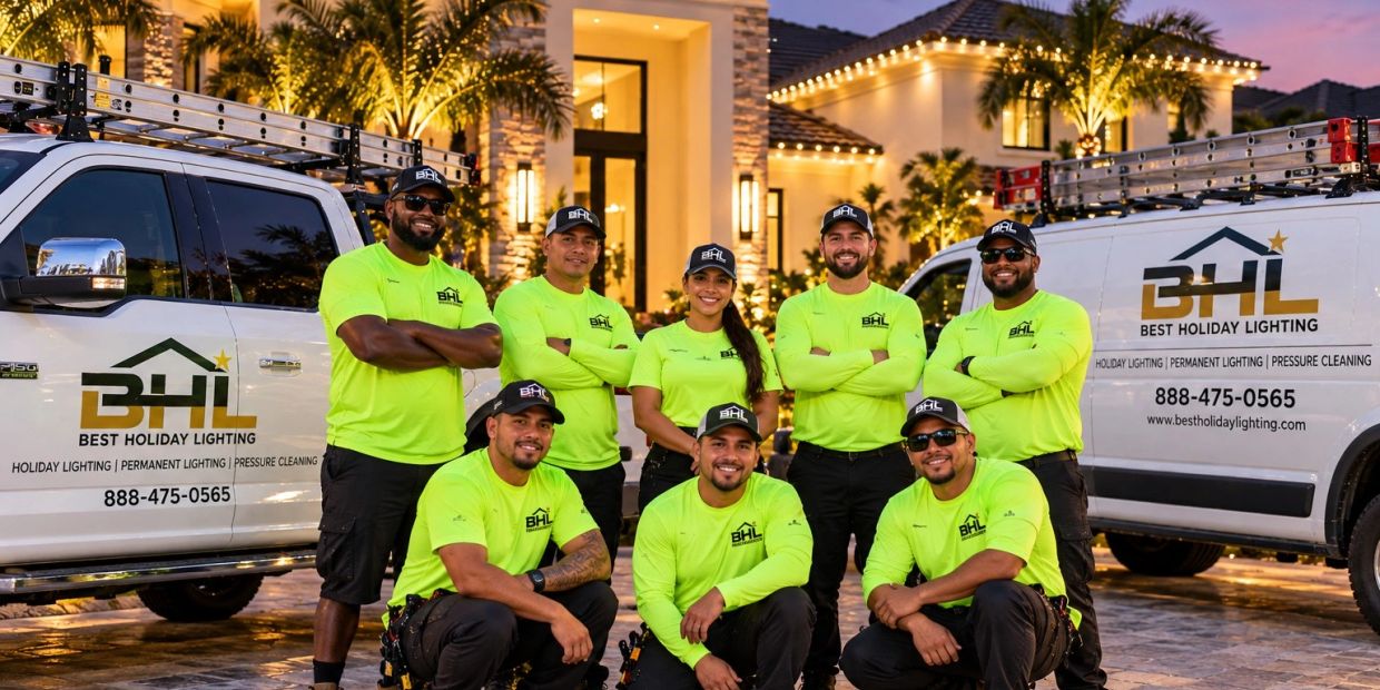 Team of holiday lighting professionals in bright shirts.