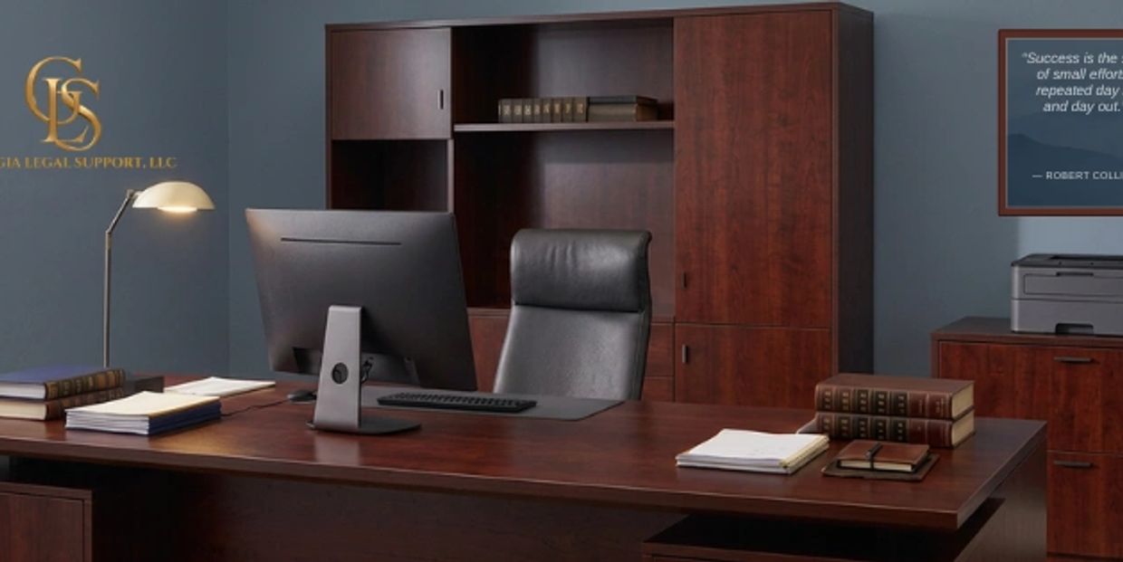 Modern, organized law office desk with computer and legal books.