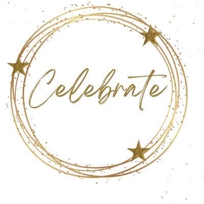 Golden stars and swirls frame the word Celebrate in elegant script.
