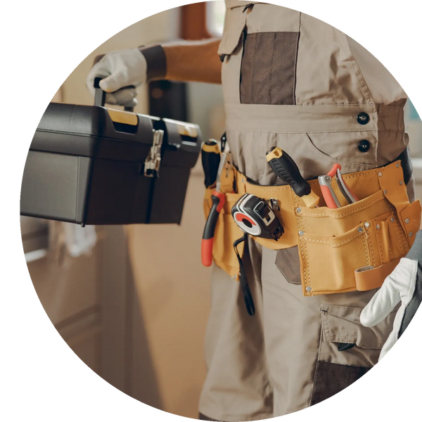 Worker with tool belt and toolbox, ready for repair work.