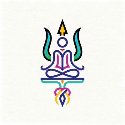 Abstract colorful line art of a person meditating with spiritual symbols.