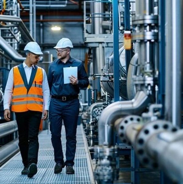 Two engineers walking and discussing in an industrial plant with safety helmets.