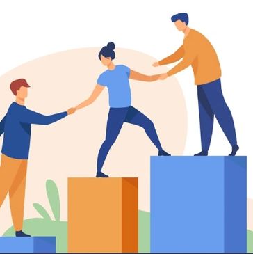 People helping each other climb up colorful blocks, symbolizing teamwork.