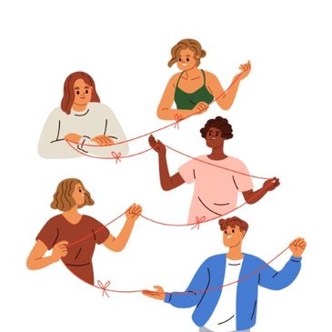 Five people interconnected by a red string symbolizing connection and relationships.