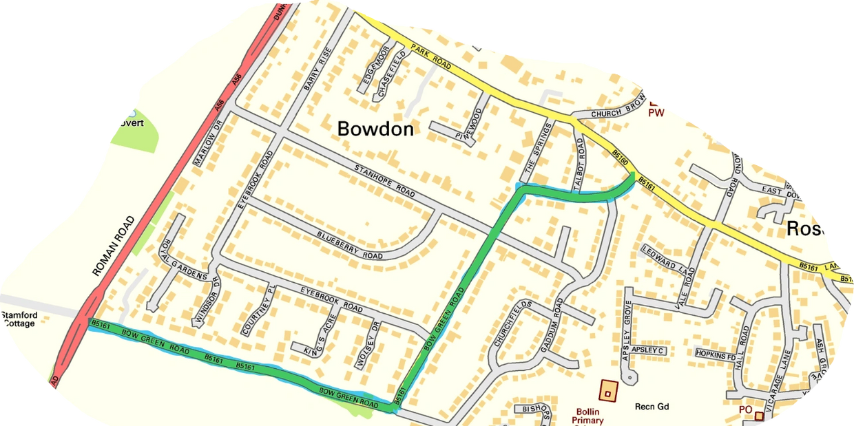Map showing location of Bow Green Road, one of the streets of Bowdon