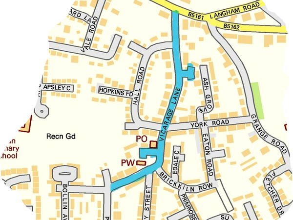 Map showing location of Vicarage Lane, Brereton Close and The Lymes, three of the streets of Bowdon