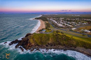 Drone view overlooking Lambert's Beach down to the Mackay Harbour