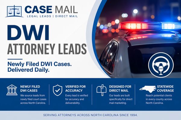 DWI attorney leads image showing newly filed DWI cases delivered daily across North Carolina for dir