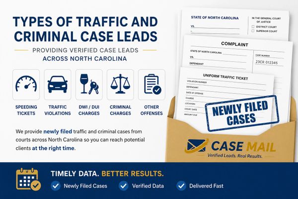 traffic and criminal case lead types including speeding tickets, DWI, and criminal charges