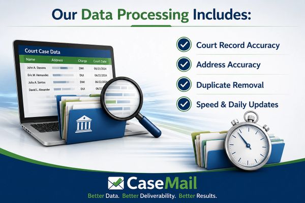 Verified court case data includes address verification, duplicate removal, and DPV for direct mail