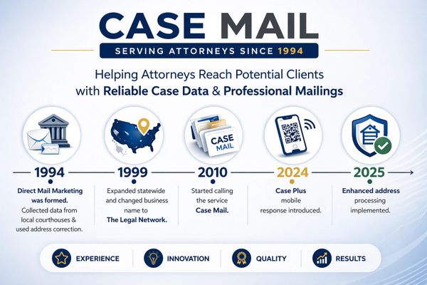 Case Mail timeline showing experience since 1994 serving direct mail attorneys