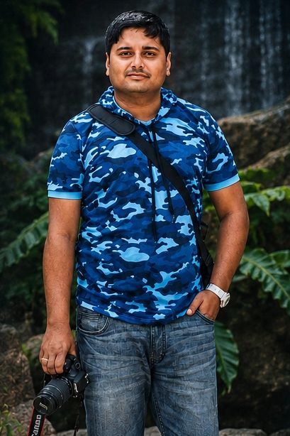 Man in blue camouflage shirt holding a camera.