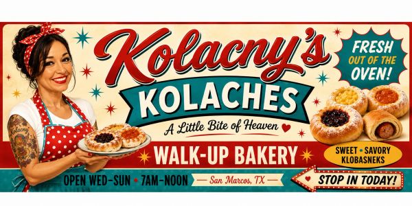 Advertisement for Kolacny's Kolaches bakery with a woman holding pastries.