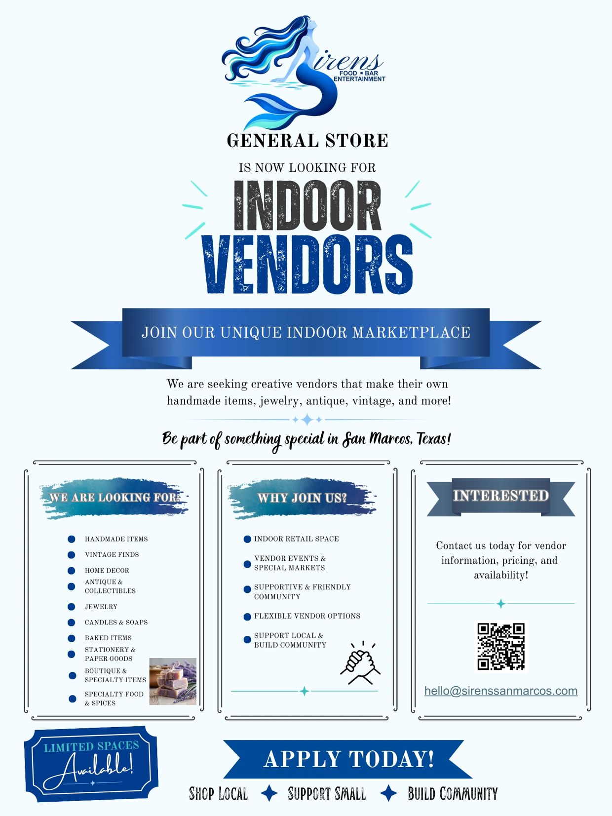 Sirens General Store seeks indoor vendors for unique marketplace in San Marcos, Texas.