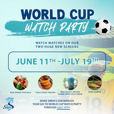 Advertisement for a World Cup watch party from June 11 to July 19 with food and drink specials.