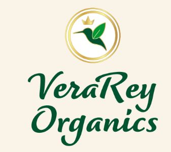 Elegant green and gold logo for VeraRey Organics with a hummingbird and crown.