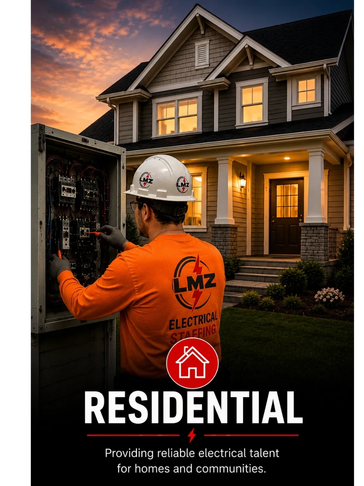 Electrician working outside a residential home at sunset.