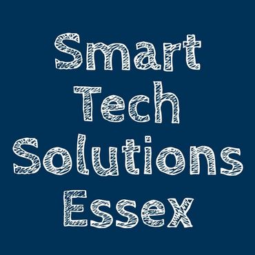 Logo with the text 'Smart Tech Solutions Essex' in a white scribble font on a blue background.