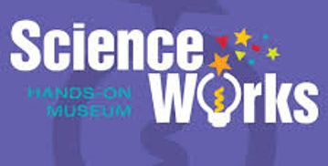 Logo of Science Works Hands-On Museum with a lightbulb and stars.