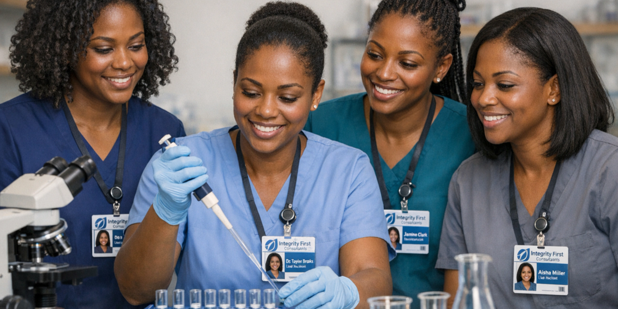 Four female scientists in a lab conducting an experiment with test tubes and a pipette.