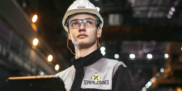 A young engineer in safety gear holding a tablet in an industrial setting.