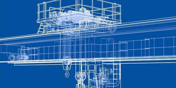 Blueprint of an industrial crane with detailed hook and motor mechanisms.