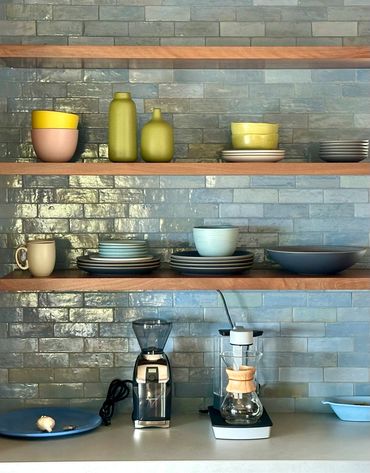 Kitchen backsplash, handmade pottery tiles