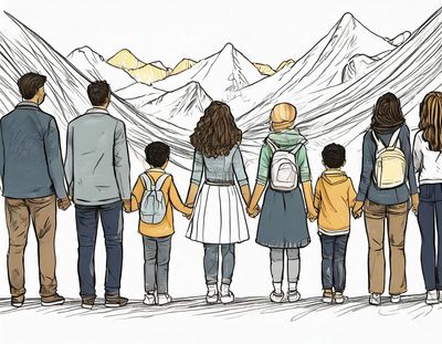 adults and children holding hands, some carrying backpack burdens