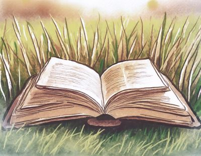 open book laying in tall grass
