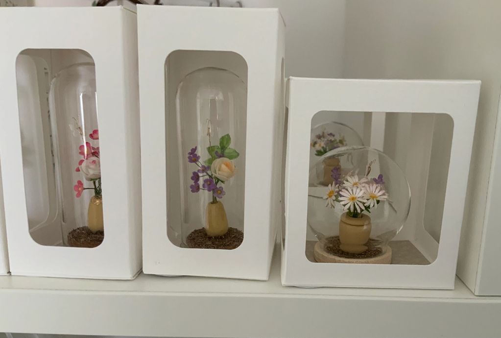 Miniature flower displays in white packaging.