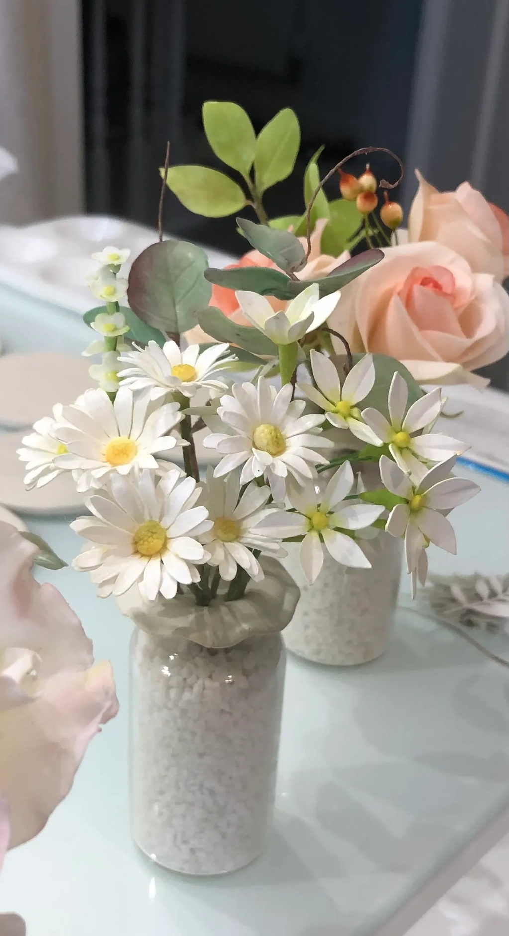 White & Green paper flower posy with cold porcelain spray behind
