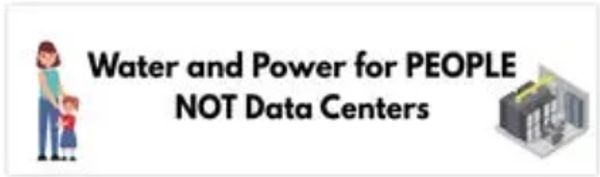 Protest message prioritizing water and power for people over data centers.